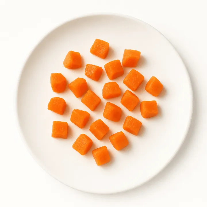 Piccoli cubetti di carota ben cotti distribuiti su un piatto bianco, fotografati dall’alto.