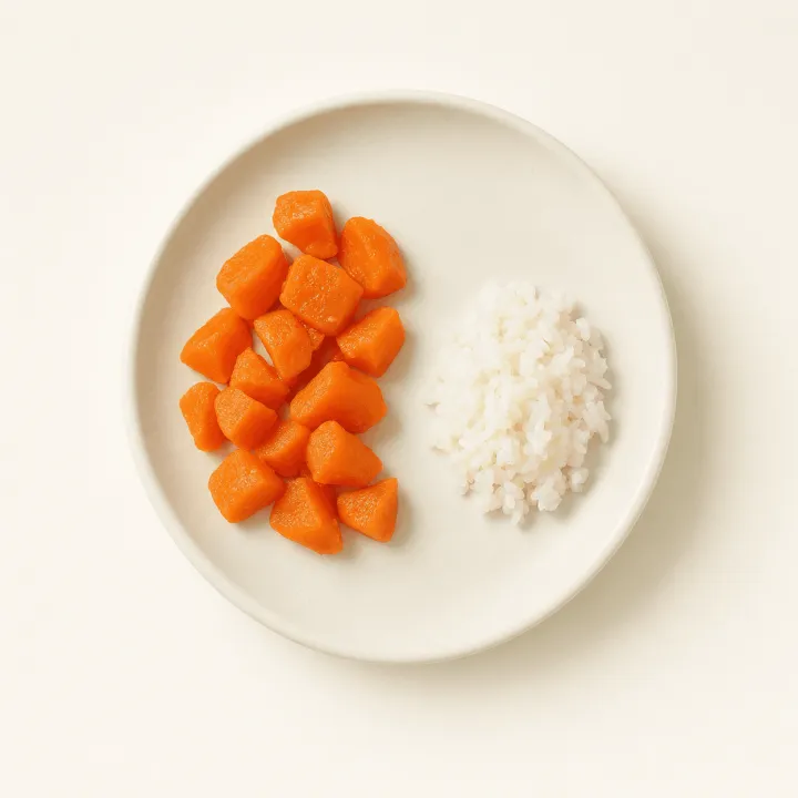 Cubetti di carota accanto al riso su un piatto bianco, fotografati dall’alto.